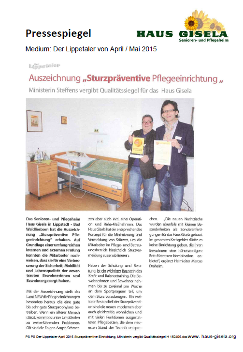 PS Der Lippetaler April 2015 Sturzpräventive Einrichtung, Ministerin vergibt Qualitätssiegel H 150406