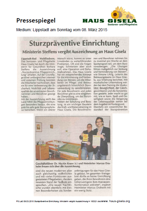 PS LaS 08.03.2015 Sturzpräventive Einrichtung, Ministerin vergibt Auszeichnung H 150321